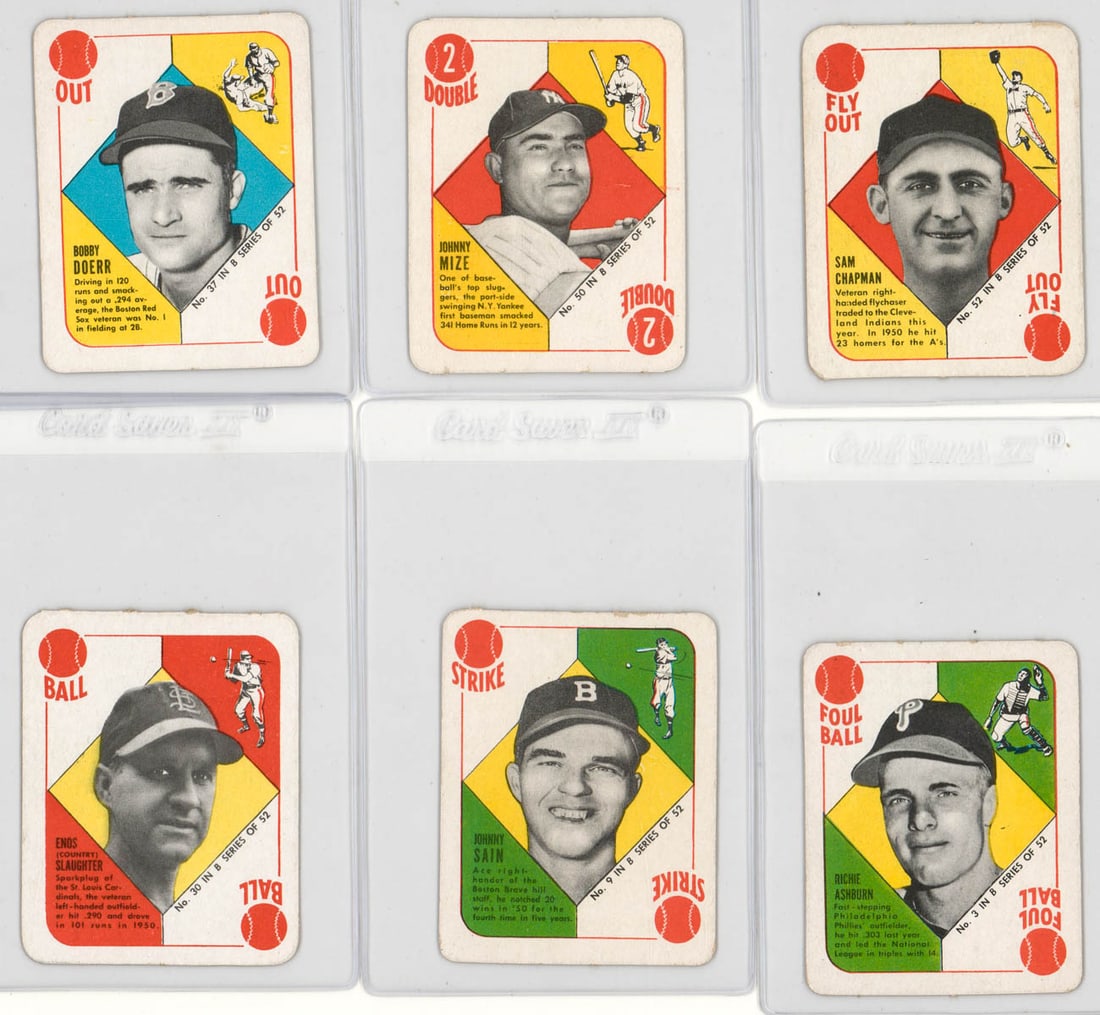 (6) 1951 Topps Blue Backs: (6) 1951 Topps Blue Backs. Mixed condition. The group measures 5 x 3.5 x .5 inches. The absence of a condition report does not imply that the lot is in perfect condition or completely free from wear a