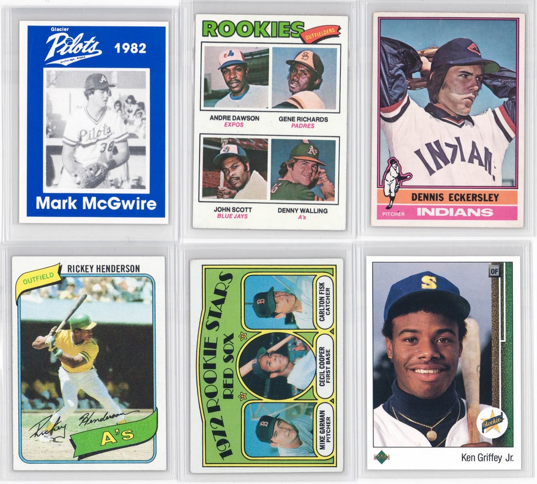 Baseball Rookie Cards (6): Baseball Rookie Cards (6). Henderson (EX), Fisk VG-EX/EX), Griffey, Jr. (NM), McGwire Minor League (NM), Dawson (EX-MT/NM) and Eckersley OPC (EX/EX-MT). Mixed condition. Grading opinions not guarantee