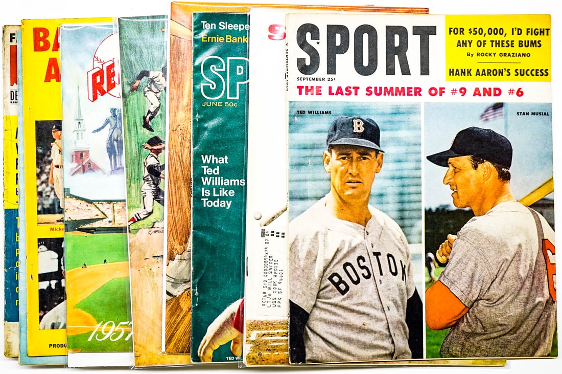 Ted Williams, Boston Red Sox Publications (10): Mixed condition, mostly mid-grade. Item measures 15 in. x 11 x 2 inches for shipping purposes. The absence of a condition report does not imply that the lot is in perfect condition or completely free 