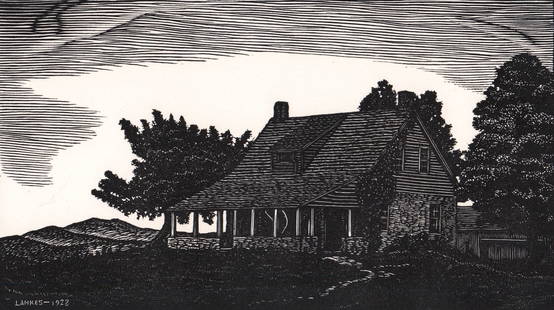 J. J. Lankes Etching SIGNED [Vermont Farmhouse]: Julius J. Lankes (American, 1884-1960) 1928 etching pencil signed lower right and titled 'Vermont Farmhouse' lower left. Edition of 65 proofs. Robert Frost's Home. Image measures 5 x 9 in. Sheet