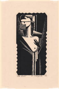 Charles Turzak S/N Woodcut [The Kiss]: Charles Turzak (American, 1899 - 1986) woodcut properly hinge mounted at corners only to paperboard. Linoleum cut on Japan paper. Signed, titled and numbered 26/100 in pencil lower margin. Image