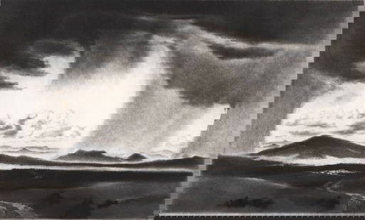 Gene Kloss Drypoint Etching S/N [Rain Over Lands]: Gene Kloss (American, 1903-1996) etching signed, numbered 18/50 and titled Rain Over Wide Lands lower margin. Image measures 10.75 x 17.875 in. Sheet measures 13.75 x 20.375 in. Note there is a .25