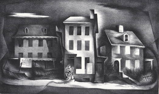 Benton Spruance SIGNED [Visitor to Germantown]: Benton Murdoch Spruance (American 1904-1967) lithograph signed numbered 14/30 and titled Visitor to Germantown lower margin. Image measures 8.5 x 14 in. Sheet measures 14.125 x 20.5 in. Print