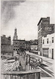 Armin Landeck SIGNED Etching [Excavation Site]: Armin Landeck (American, 1905-1984) etching pencil signed and dated 1983 lower right, Ed. 100 lower left. Image measures 10 x 7 in. Sheet measures 16.5 x 13 in. Print sheet measures 16 5 x 13 in. for