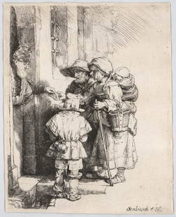 Rembrandt Harmensz. van Rijn Etching: Beggars receiving Alms at the Door (B., Holl. 176; H. 233), signed and dated 1648 in plate lower right, etching and drypoint, 1648, on cream laid paper without watermark, a very good impression,