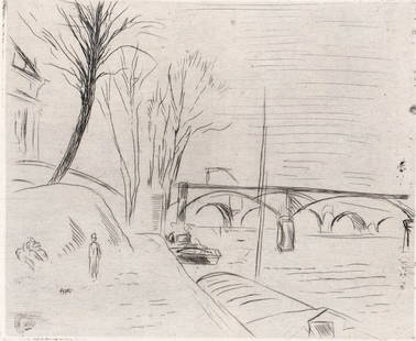 Andre Denoyer de Segonzac SIGNED Etching #6/45: Andre Denoyer de Segonzac (French, 1884-1974) etching of 'Pont des Arts' on laid paper pencil signed lower right and numbered 6/45 lower left. Image measures 4 x 4.875 in. Sheet measures 6.25 x 7.75