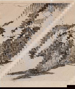 Edouard Manet Etching [Line at the Butcher Shop]: Edouard Manet (French, 1832-1883) etching titled 'Queue Devant la Boucherie'. Adhered to paper mat. Etching measures 7.375 x 6.25 in. Sheet measures 13 x 9.75 in. Print measures 13 x 9.75 in. for