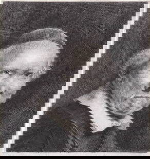 Lieven Willemsz Van Coppenol Etching 1658: Rembrandt Van Rijn; Lieven Willemsz Van Coppenol (1599-1667) writing master drypoint etching. Glued at top corners to mat frame. Etching measures 5.5 x 5.125 in. Mat frame measures 20 x 16 in. Print