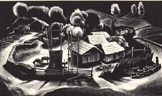 Lynd Ward Wood Engraving SIGNED [Corral]: Lynd Ward (American, 1905-1985) wood engraving pencil signed lower right. Titled Corral: Tres Cumbres lower left. Image measures 7 x 12 in. Sheet measures 11.625 x 14 in. Print sheet measures 11.625