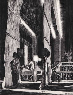 Gerald Geerlings Drypoint Etching [Back Stage]: Gerald Kenneth Geerlings (American, 1897-1998) drypoint etching. Pencil signed lower right, Titled Back Stage 8PM (Grand Opera 1932). Image measures 11.25 x 8.625 in. Sheet measures 16.25 x 10.875