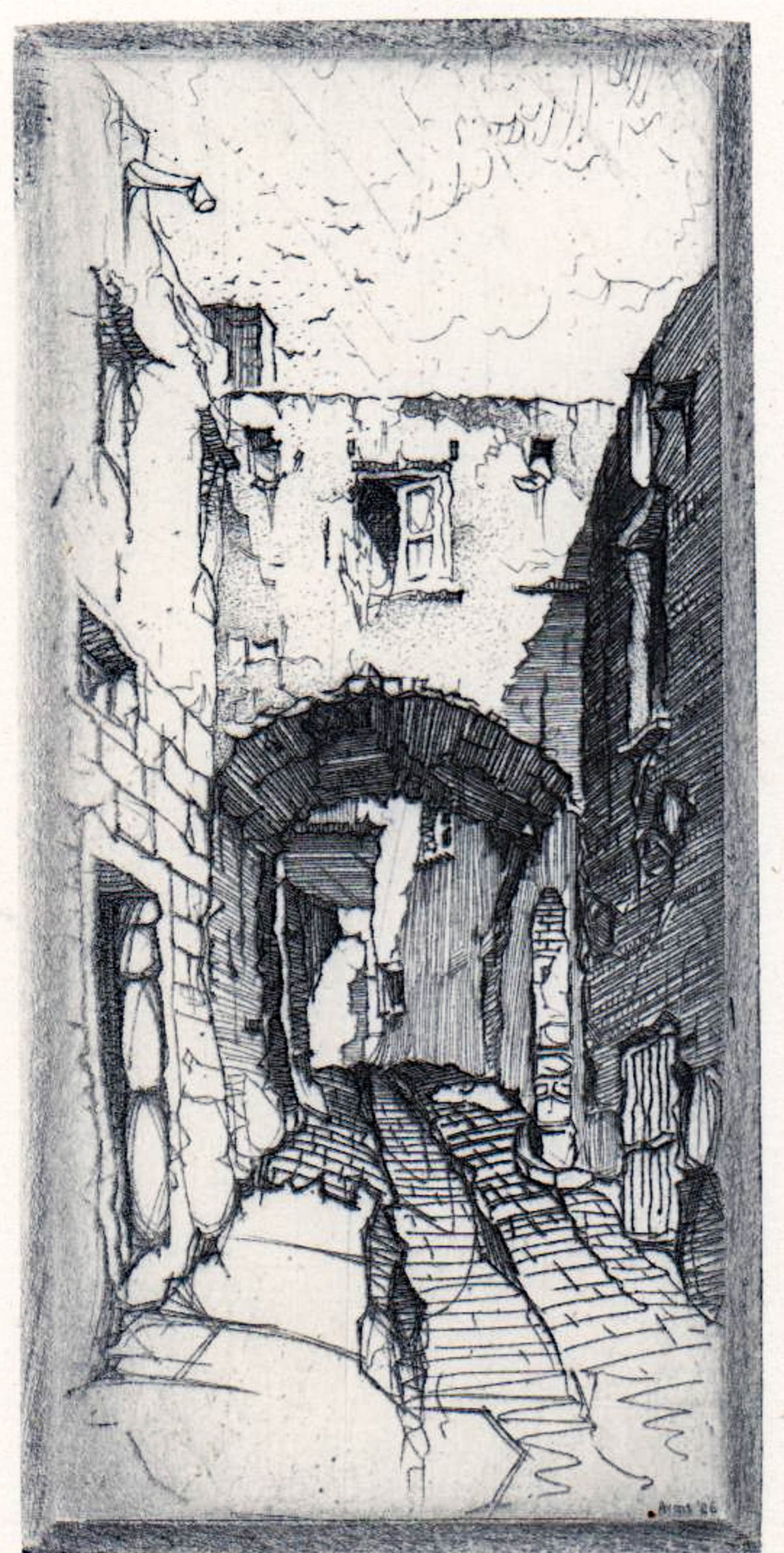 John Taylor Arms Small Etching SIGNED 1926: John Taylor Arms (American, 1887-1953) small etching signed and dated 1926 lower right. Properly hinge mounted to mat frame. Sight size measures 4.625 x 3 in. Mat frame measures 10 x 8 in. Lot measure