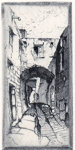 John Taylor Arms Small Etching SIGNED 1926: John Taylor Arms (American, 1887-1953) small etching signed and dated 1926 lower right. Properly hinge mounted to mat frame. Sight size measures 4.625 x 3 in. Mat frame measures 10 x 8 in. Lot