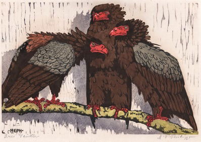 Martin E. Philips 4 Color Woodcut SIGNED [Birds]