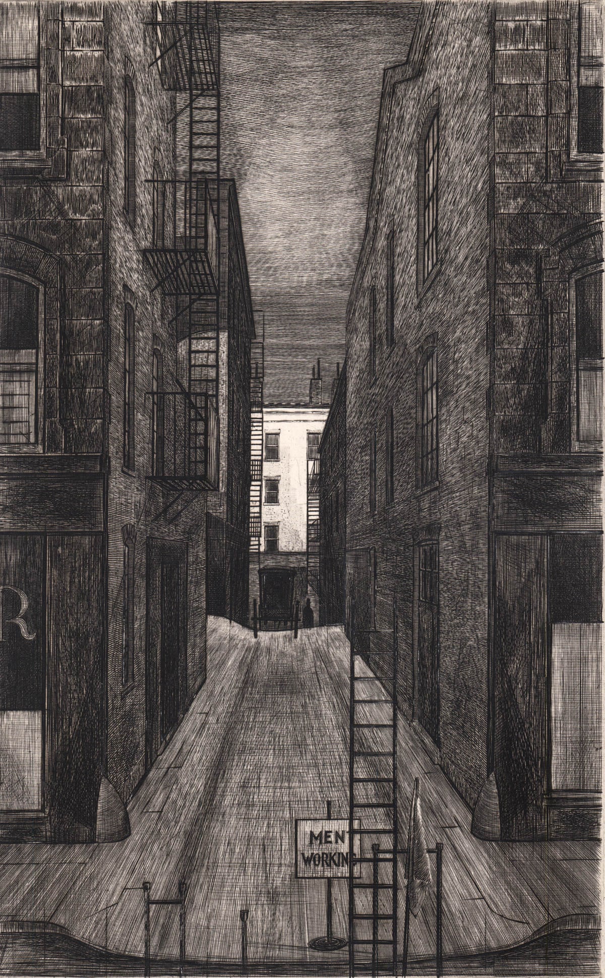 Armin Landeck Etching SIGNED 1949 [Building]: Armin Landeck (American, 1905-1989) pencil signed etching. Edition of 100. Image measures 16 x 10 in. Sheet measures 19.125 x 14.125 in. Upper right corner chipped. Print measures 19.125 x 14.125 in.