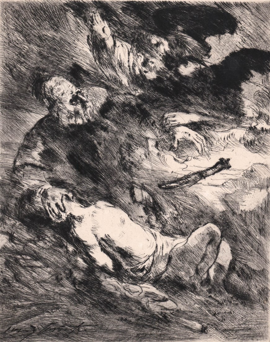Lovis Corinth Etching [Plate Signed] Etching: Lovis Corinth (German, 1858-1925) etching plate signed lower right. Image measures 12.25 x 9.75 in. Sheet measures 18.375 x 12.75 in. Print measures 18.5 x 17.75 in. for shipping purposes. Unframed, l