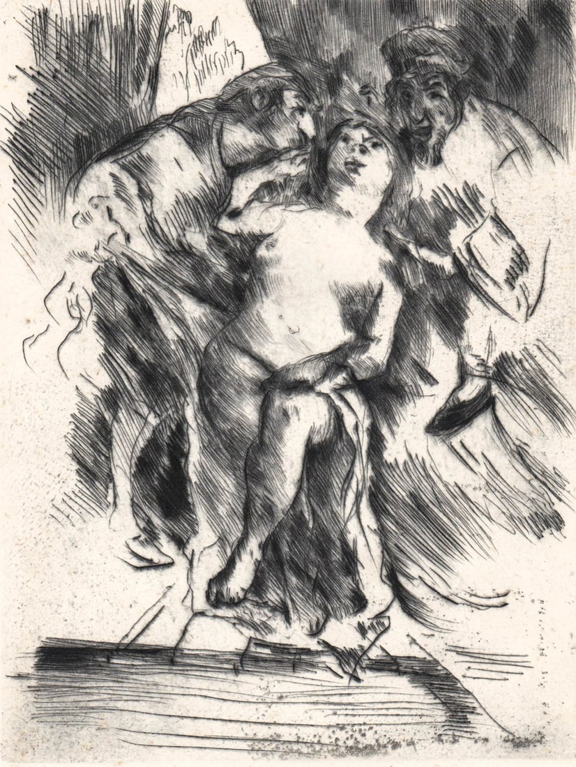 Lovis Corinth SIGNED Etching [People]: Lovis Corinth (German, 1858-1925) etching pencil signed lower right. Image measures 7.5 x 5.75 in. Sheet measures 15 x 9.625 in. Print sheet measures 15 x 9.625 in. for shipping purposes. Unframed, lo