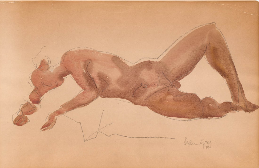 Chaim Gross Watercolor and Pencil on Paper: Chaim Gross (American, 1902-1991) watercolor and pencil on paper. Pencil signed lower right. Image measures 17 x 10.75 in. Print sheet measures 17.875 x 11.875 in. for shipping purposes. Unframed, loo