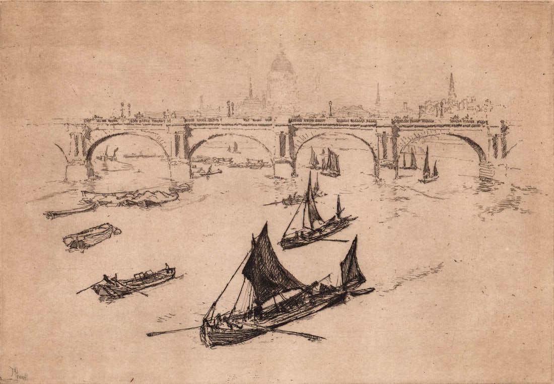 Joseph Pennell Signed Etching: Signed in pencil lower center. Even, medium toning over exposed image area. Measures 6.625 x 9.625 inches plate size and 9 x 11.75 inches sheet size. Measures 9.5 x 12 in. x .125 inches for shipping p