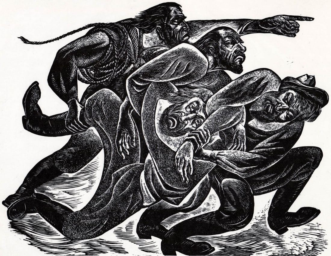 Charles Surendorf Linocut [Lode Lynchburg]: Charles Surendorf Linocut [Lode Lynchburg]. Measures 13.625 x 17.125 inches sheet size. Measures 14 x 18 in. x .125 inches for shipping purposes. EX+/NM. Unframed, loose and not glued or mounted. The