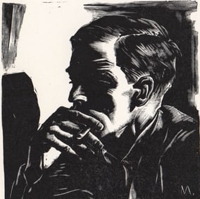 Hans Meuller Signed Woodcut [Self-Portrait]
