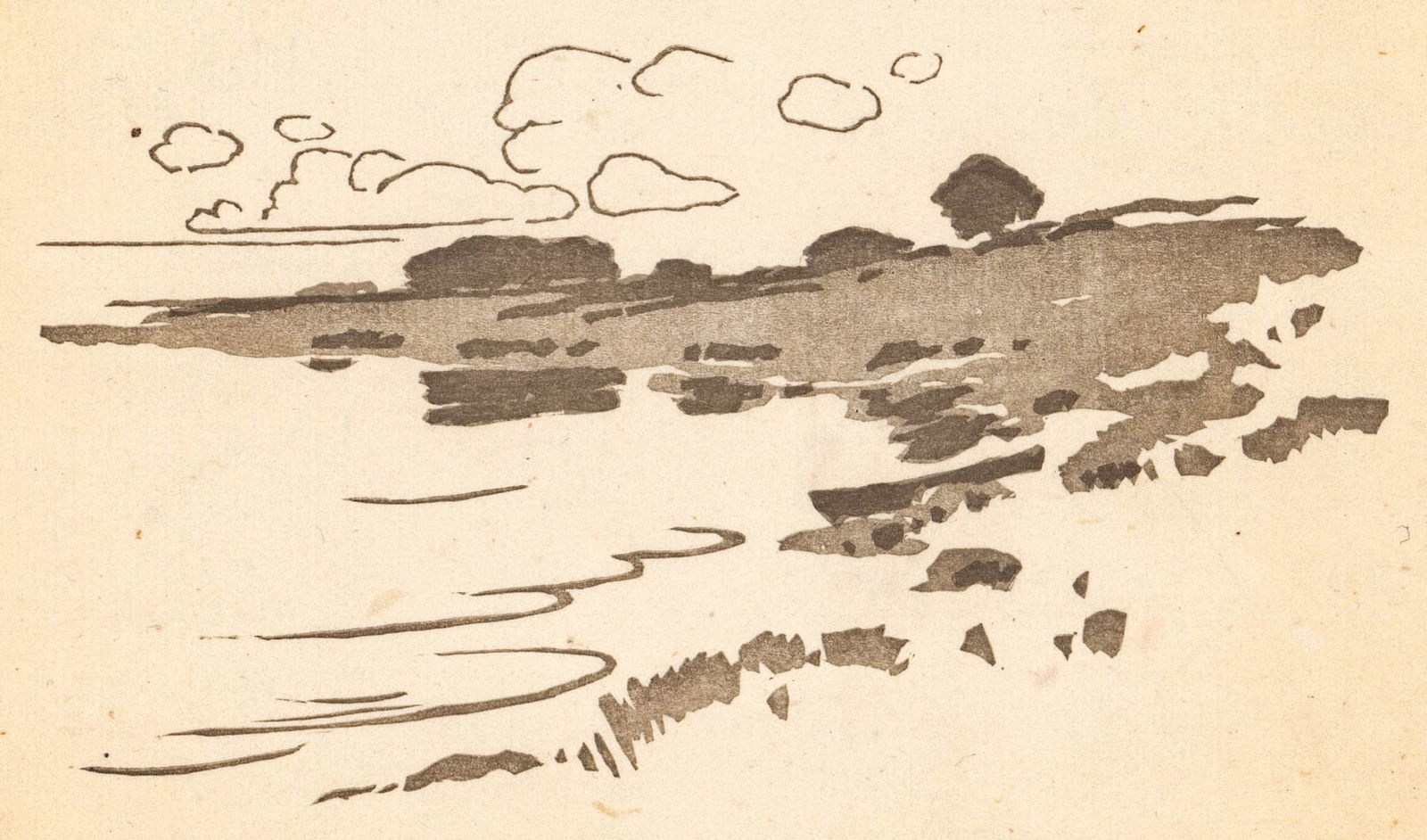 Arthur Wesley Dow Color Relief-Shore of the Creek: Arthur Wesley Dow (1857-1922) color relief titled 'Shore of the Creek'. Sheet measures 6.5 x 9 in. Print measures 6.5 x 9 in. for shipping purposes. Unframed, loose and not glued or mounted. The absen