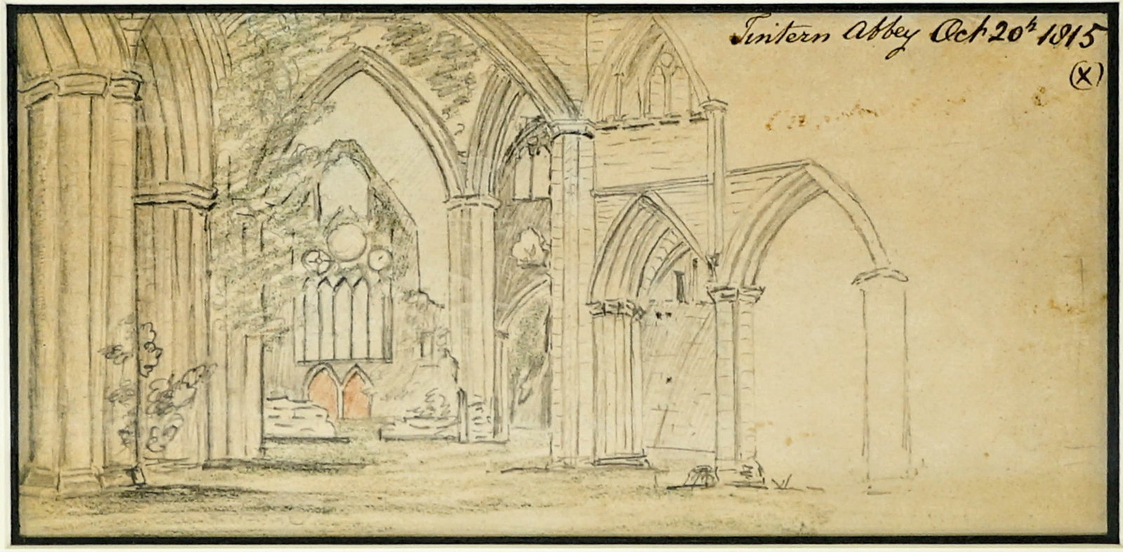 Interior (of) Abbey October 20th 1815: Interior (of) Abbey October 20th 1815 framed original drawing. Unsigned, measures 4.25 x 8.75 inches sight size and 11.875 x 15.25 inches framed. Total size measures 12 x 16 x 10 inches for shipping p