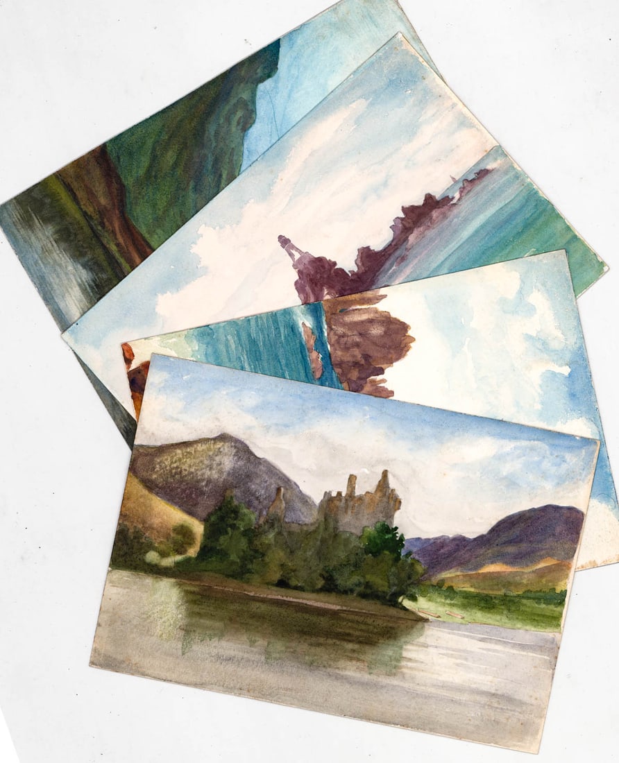 Edith A. Bell (4) Original Watercolors ca. 1900: Four (4) Edith Anna Bell (Irish, 1870-1929) original watercolors. Includes: Lighthouse I and II 'Island of Skye, Scotland; Cleap Skye, Scotland; Kilkorn Castle, Scotland. Sheets measure 7 x 10 in. and