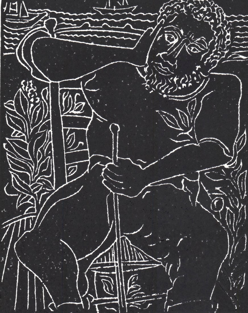 David Driskell SIGNED Linocut [Odysseus]: David Driskell (American, 1931-2020) linocut pencil signed and dated '07 lower right, titled 'Odysseus' lower left, numbered '20/35' lower center. Image measures 10.125 x 8 in. Sheet measures 19 x 13.