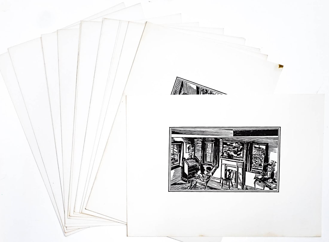 Interior by Fiske Boyd (29) Woodcuts UNSIGNED: Twenty-nine (29) Fiske Boyd (American 1895-1975) signed in plate lower left. Each with 'American Artists Group' and title on versos. Image measures 6 in x 10.25 in. Sheets measures 13 x 18 in. Some wi