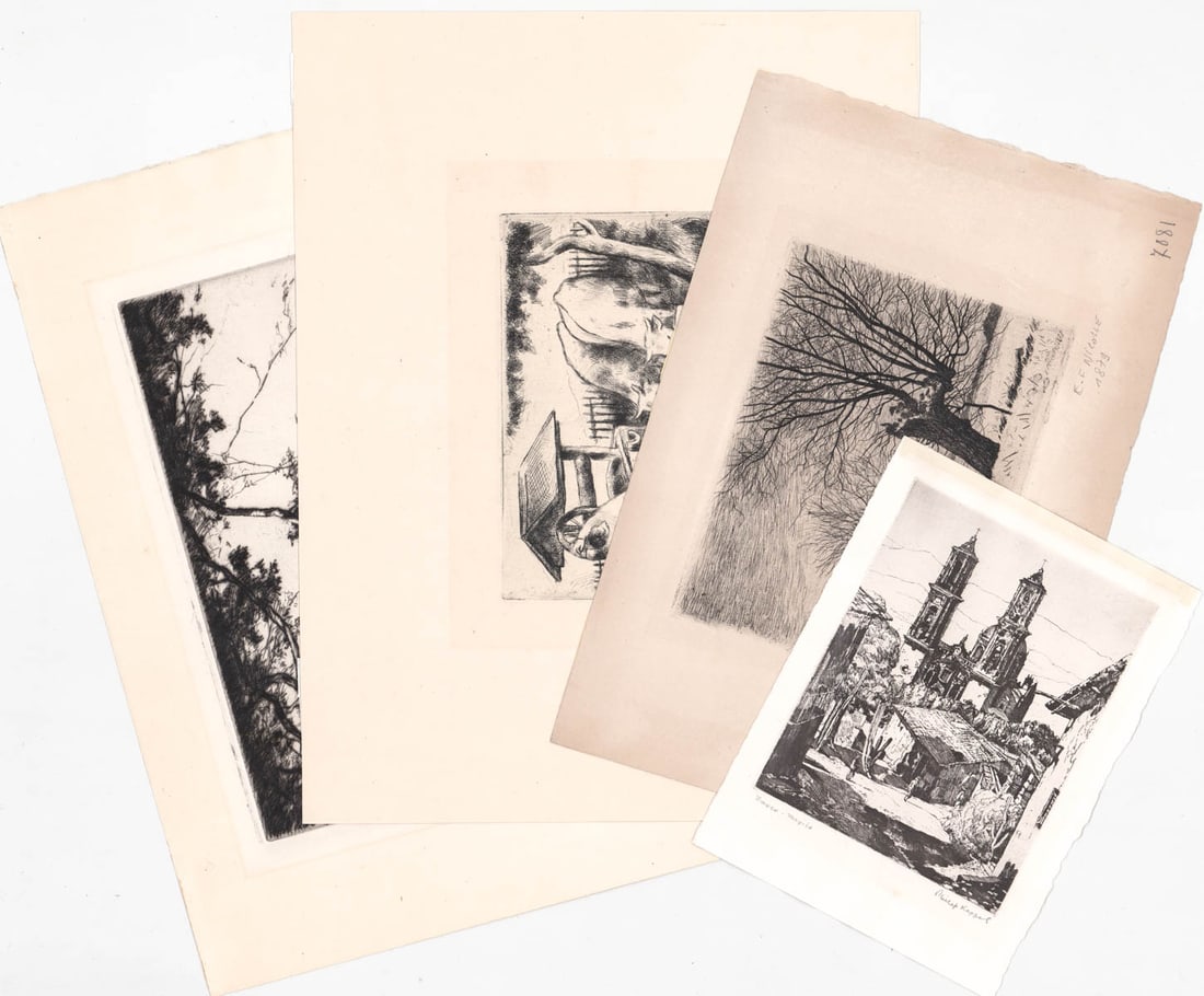 Emile Niccole, Philip Kappel, Robert Logan & More: Istvan Szonyi, Emile Niccole, Philip Kappel, Robert Fulton Logan hand signed etchings. They measure 7.25 x 5.25 inches sheet size to 10 x 12.75 inches sheet size. Measures 11 x 13 x .125 inches for sh