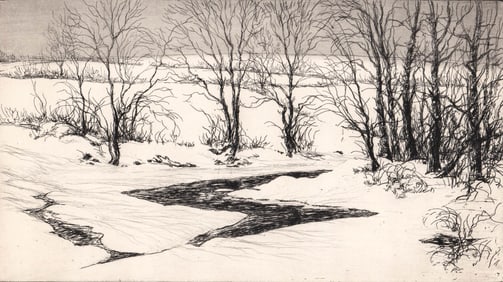 Kerr Eby "Snow on the Aspetuck" 1927 Etching