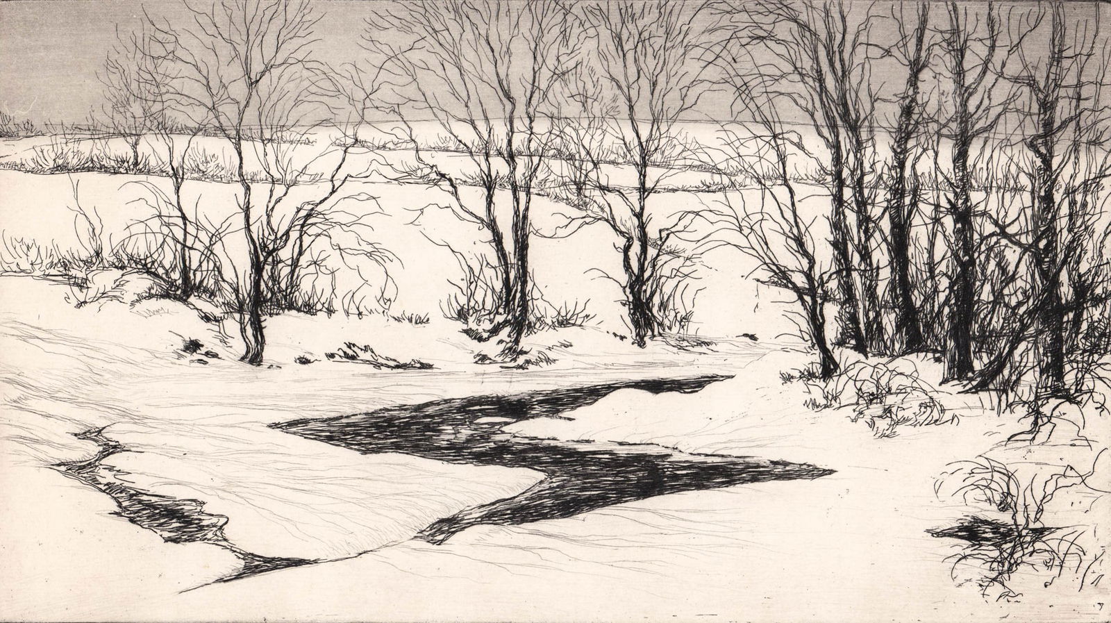 Kerr Eby "Snow on the Aspetuck" 1927 Etching: Kerr Eby "Snow on the Aspetuck" 1927 Etching. Hand signed in pencil lower right. Measures 6.125 x 10.875 inches plate size, measures 9.25 x 13.875 inches sheet size. Measures 10 x 14 x .125 inches for