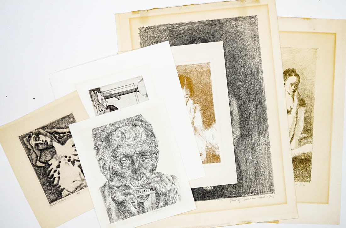 Vintage Prints [Soyer, Hirsch, Bragg & Others[: Charles Bragg, Joseph Hirsch, Raphael Soyer, Moses Soyer, etc. All but one are signed in pencil. Measures 20 x 14 x .25 for shipping purposes. Unframed, loose and not glued or mounted. The absence of