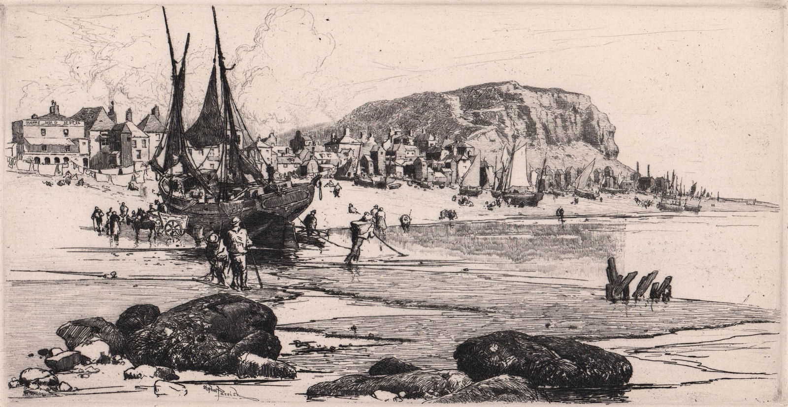 Stephen Parrish Etching 'Hastings' 1885: Stephen Parrish etching 'Hastings' plate signed lower left. Image measures 5.375 x 10.375 in. Sheet measures 9.5 x 13 in. Print measures 9.5 x 13 in. for shipping purposes. Unframed, loose and not glu