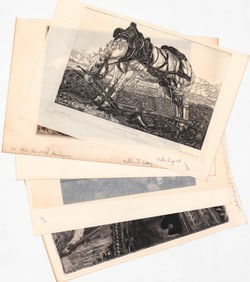 Antique (5) Etchings [Horse; Buildings, People]