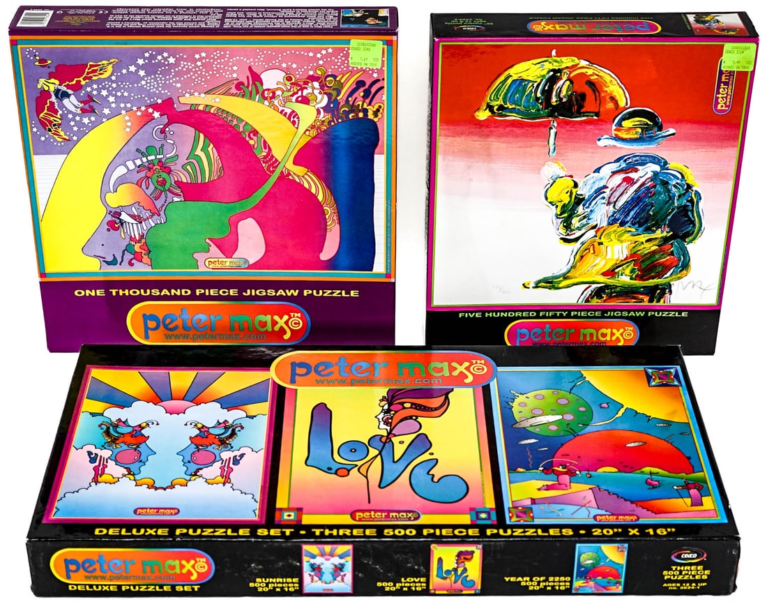 (3) Peter Max SEALED Puzzles: Sealed, like-new. The absence of a condition report does not imply that the lot is in perfect condition or completely free from wear and tear, imperfections, or the conditions of aging. Photos may als