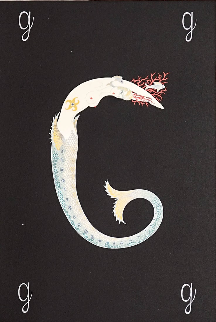 Erte Artist proof Serigraph "Letter G": Hand signed and stated Artist Proof. Measures 15.75 x 10.625 inches image size and 25.5 x 18.75 inches sheet size. Blind stamp lower left. Toning over image area and into margins. Unframed, loose and