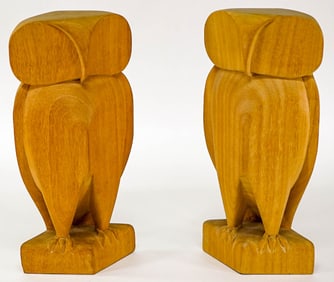 Mid Century (2) Carved Teak 12IN Owls