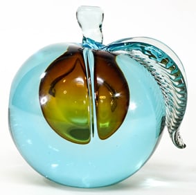 Murano LG Paperweight Blue w/ Gold Center Apple