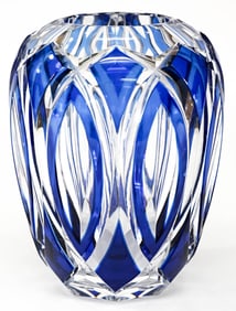 6IN Cut Glass Cobalt and Clear Vase