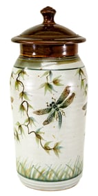Studio Pottery 15 IN Lidded Jar [Dragonflies]