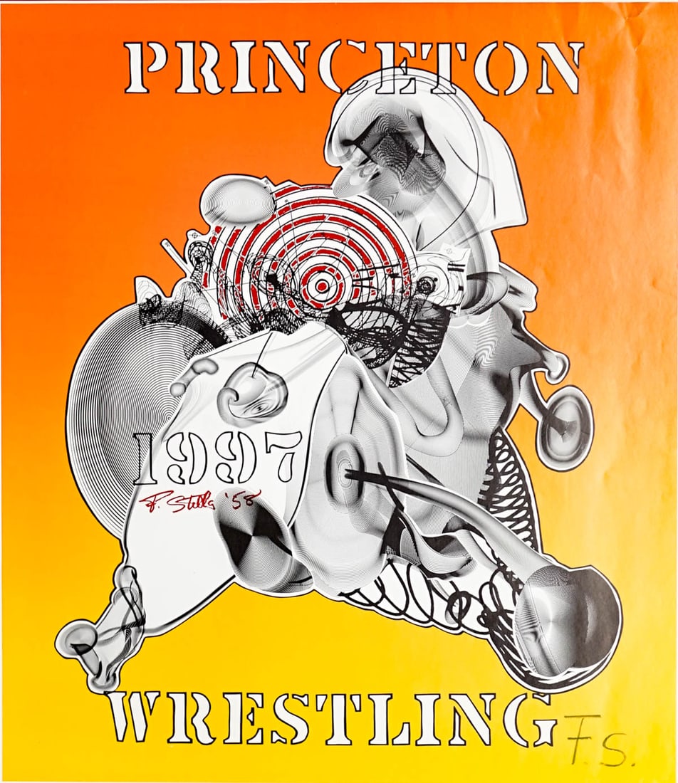 Frank Stella Hand Signed Poster: Hand signed with the initials "FS" lower right. Measures 29 x 25.75 inches. Some creases. Unframed, loose and not glued or mounted. The absence of a condition report does not imply that the lot is in