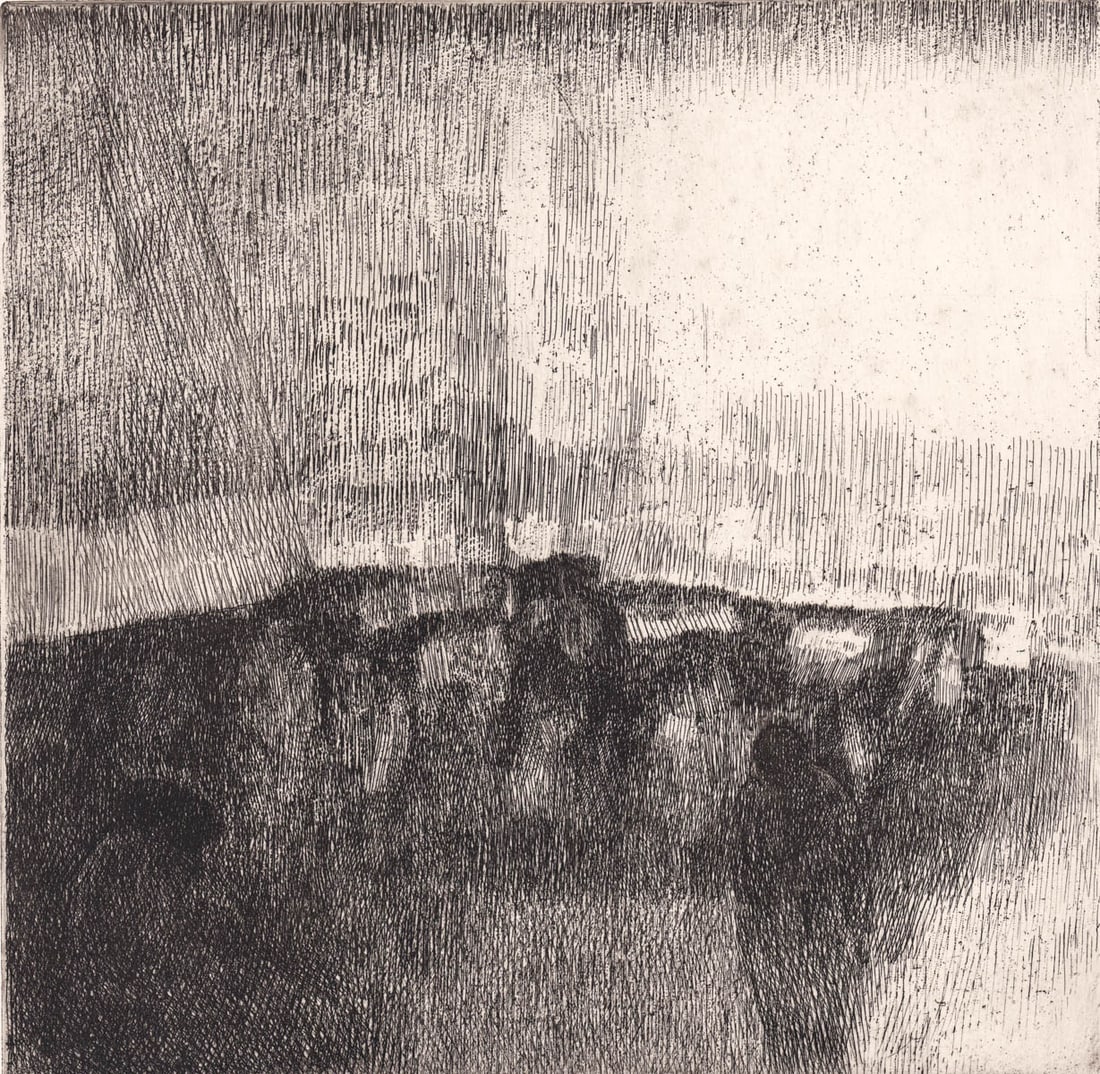 Harold Altman SIGNED Etching [Waiting] AAA: Harold Altman (1924-2003) etching pencil signed and titled 'Waiting' lower margin below image. Image measures 11.75 x 11.75 in. Sheet measures 16 x 15 in. Print measures 16 x 15 x .125 in. for shippin