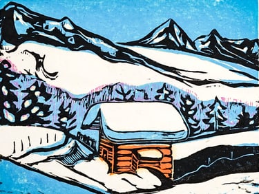 Frans Wiegers S/N Woodcut [Cabin, Mountains]