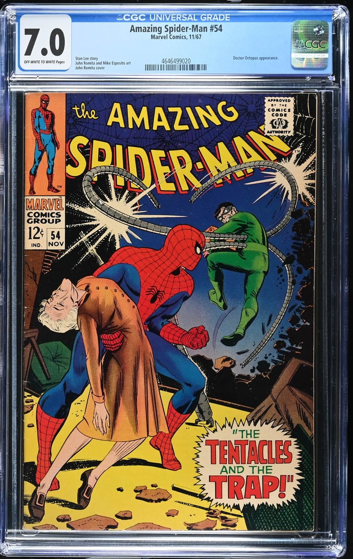 Amazing Spider-Man #54 (11/67) CGC 7.0: Amazing Spider-Man #54 (11/67) CGC 7.0 OFF-WHITE TO WHITE PAGES. Doctor Octopus appearance. Stan Lee story John Romita and Mike Esposito art John Romita cover The absence of a condition report does no