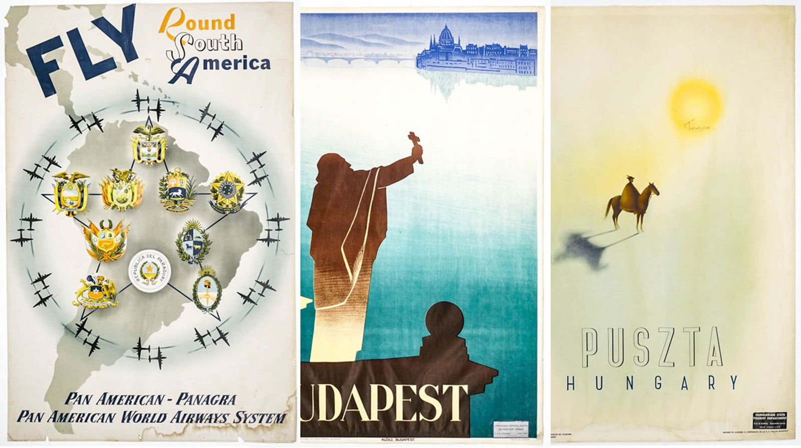 (3) Original Vintage Travel Posters: All three have water damage. The absence of a condition report does not imply that the lot is in perfect condition or completely free from wear and tear, imperfections, or the conditions of aging. Pho