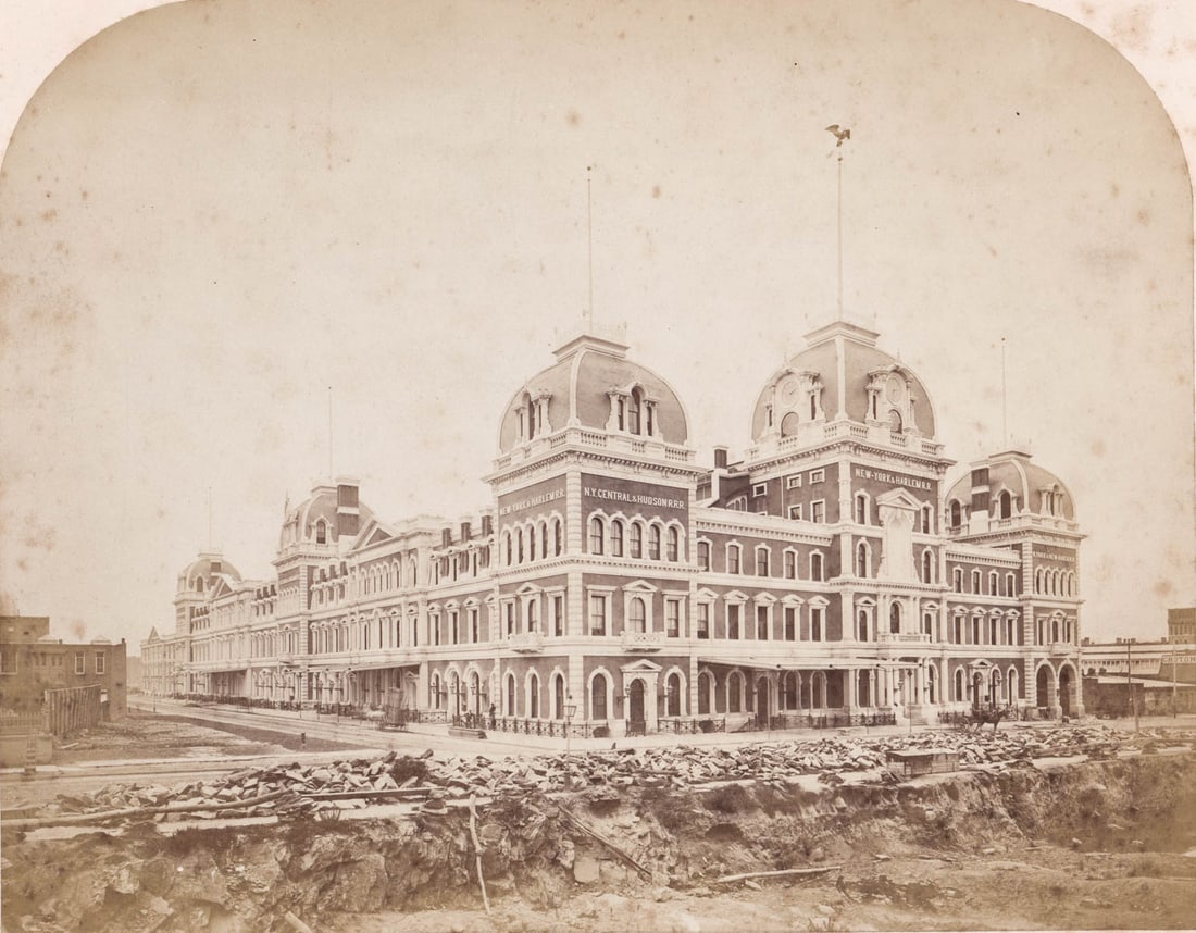 Late 19th C. Central Railroad Station New York: Central Railroad Station, New York, New York large albumen photo. This mounted photo measures 10 x 12.75 inches image size and 13.75 x 17.75 inches total size. Unframed, loose and not glued or mounted