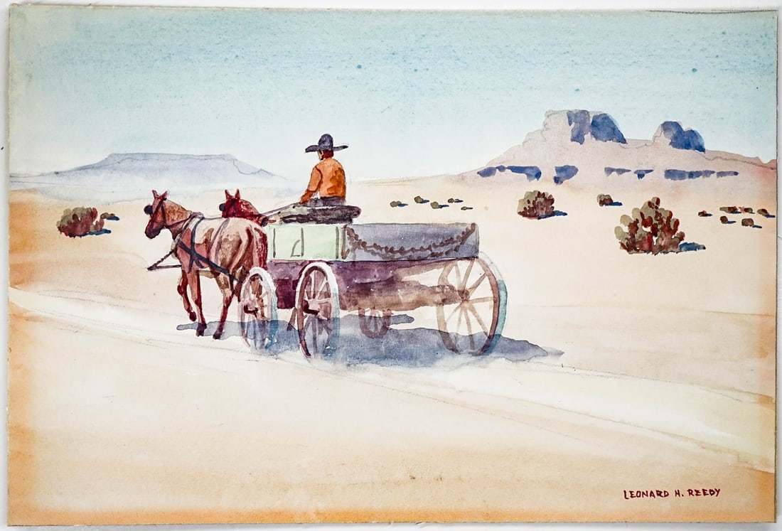 Leonard Howard Reedy Original Watercolor: Leonard Howard Reedy (1899-1956, Illinois) Original Watercolor on Artists Board [Desert Traveler]. Measures 8 x 11.75 inches image size. Excellent condition. Unframed, loose and no glued or mounted. T