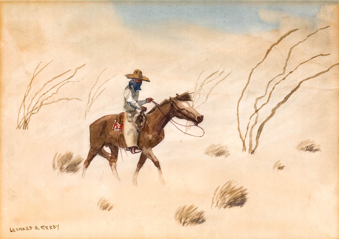 Leonard Howard Reedy (1899-1956, Illinois): Leonard Howard Reedy (1899-1956, Illinois) Original Watercolor on Paper [The Sand Storm]. Measures 8.875 x 11.875 inches sheet size. Very Good condition, slight mat burn and toning over image area. Un
