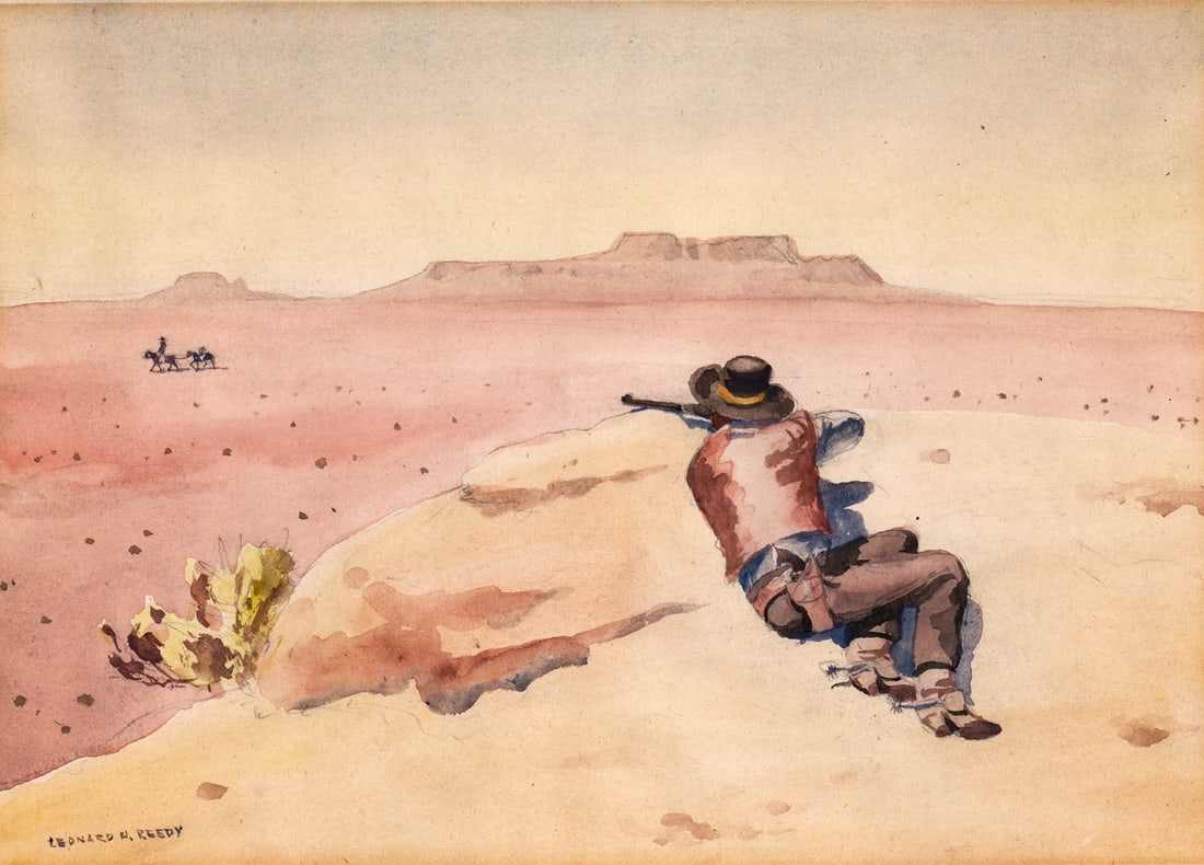 Leonard Howard Reedy (1899-1956, Illinois): Leonard Howard Reedy (1899-1956, Illinois) Original Watercolor on Paper [Ambush]. Measures 8.875 x 11.875 inches sheet size. Very Good condition, slight toning over image area. Unframed, loose and not